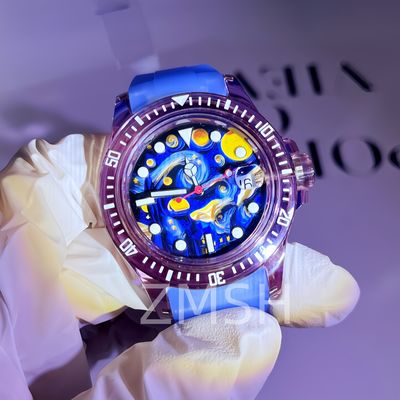 Caja de reloj de zafiro gris-violeta cultivado en laboratorio, lujo personalizado, resistente a los arañazos